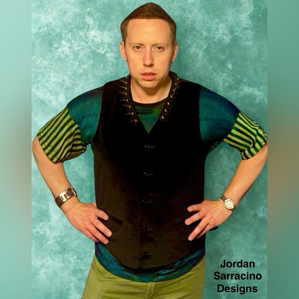 Jordan Sarracino Designs Black Vest with Green Striped Shirt